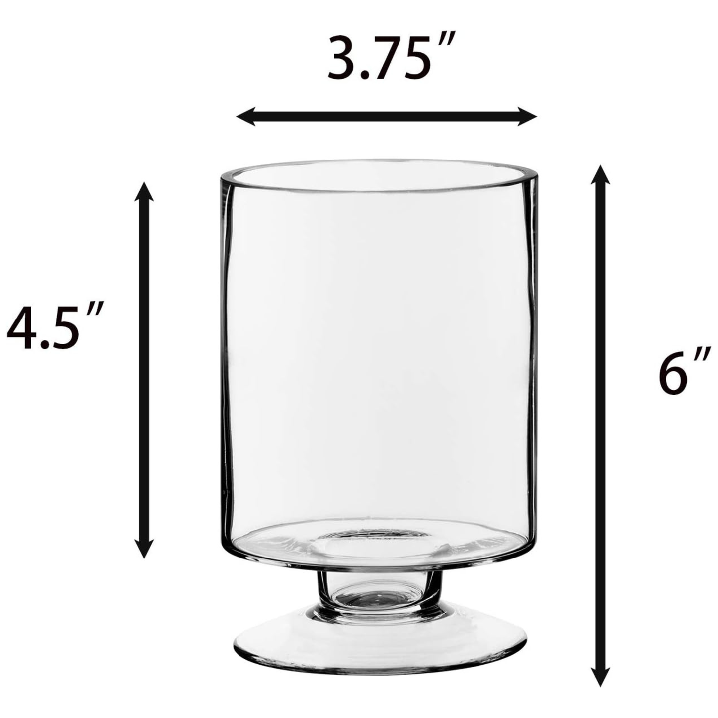 Clear glass vase with dimensions labeled on a white background