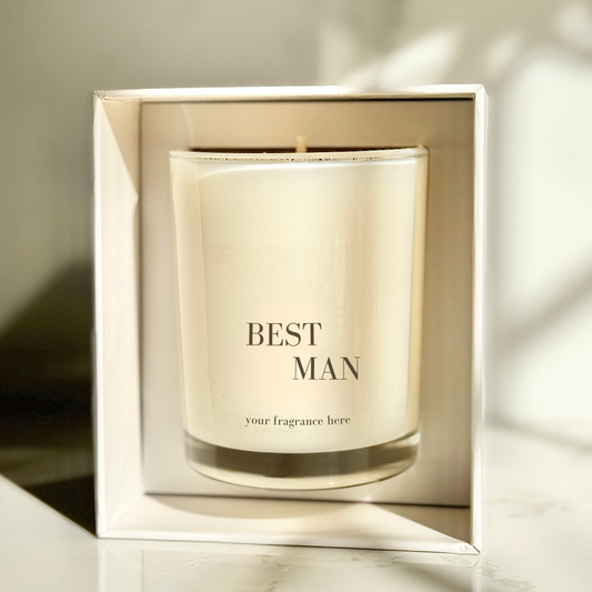 best man candle in a beige product box