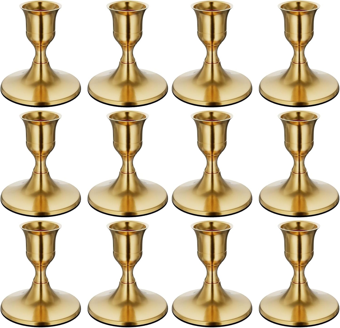 Set of 12 gold candle holders on a white background