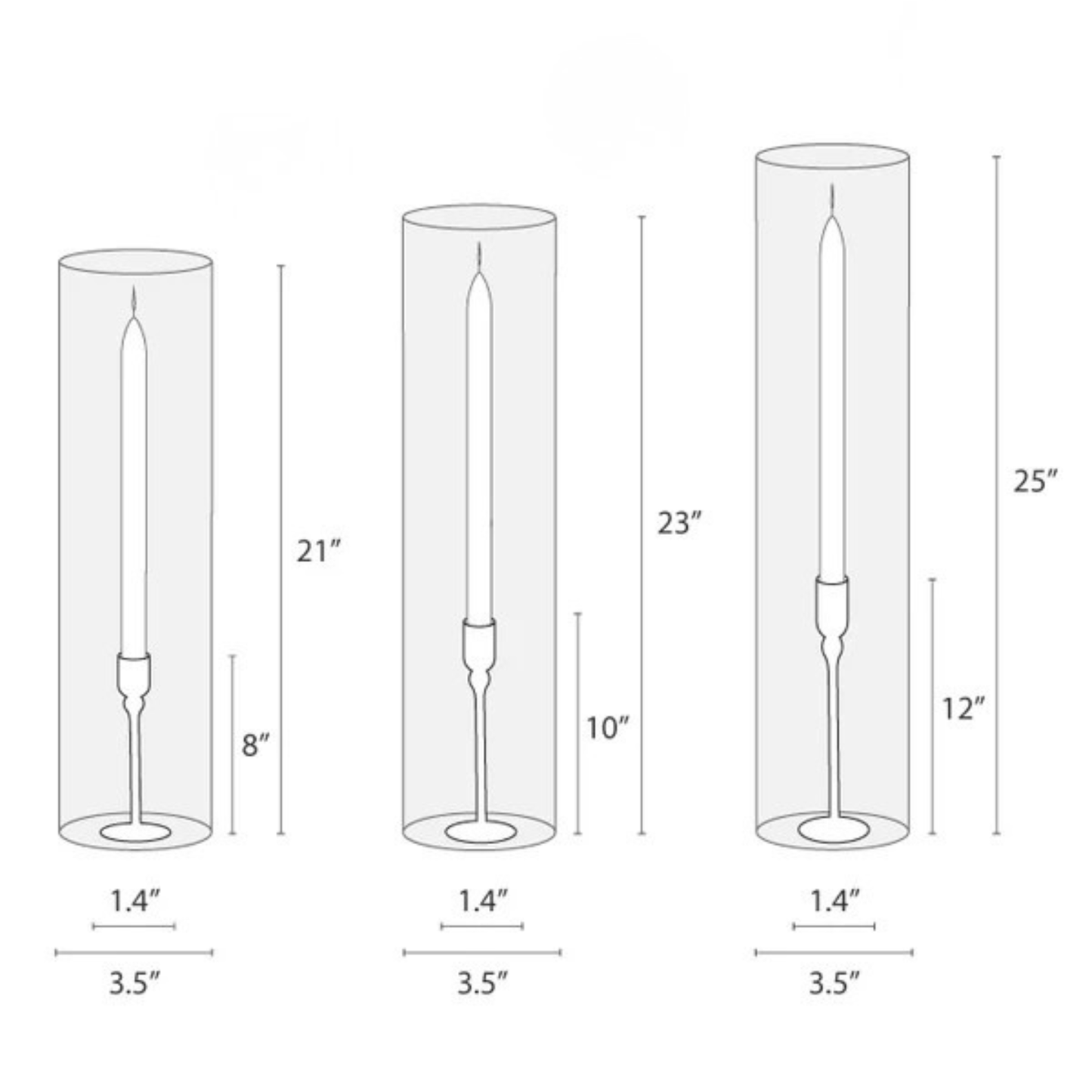 Dimensions of cylindrical glass candle holders with measurements in inches.