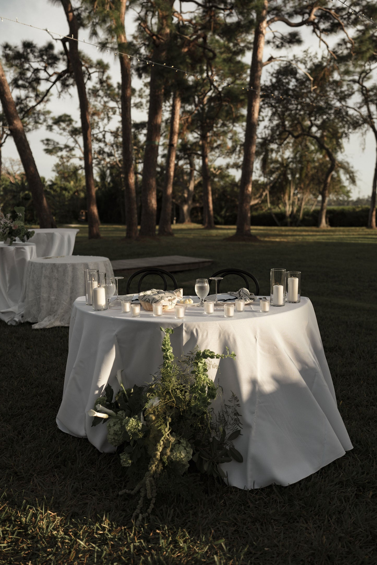 Outdoor setting with tables and chairs under trees