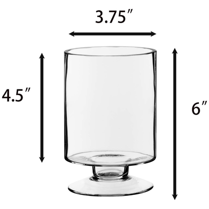 Clear glass vase with dimensions labeled on a white background