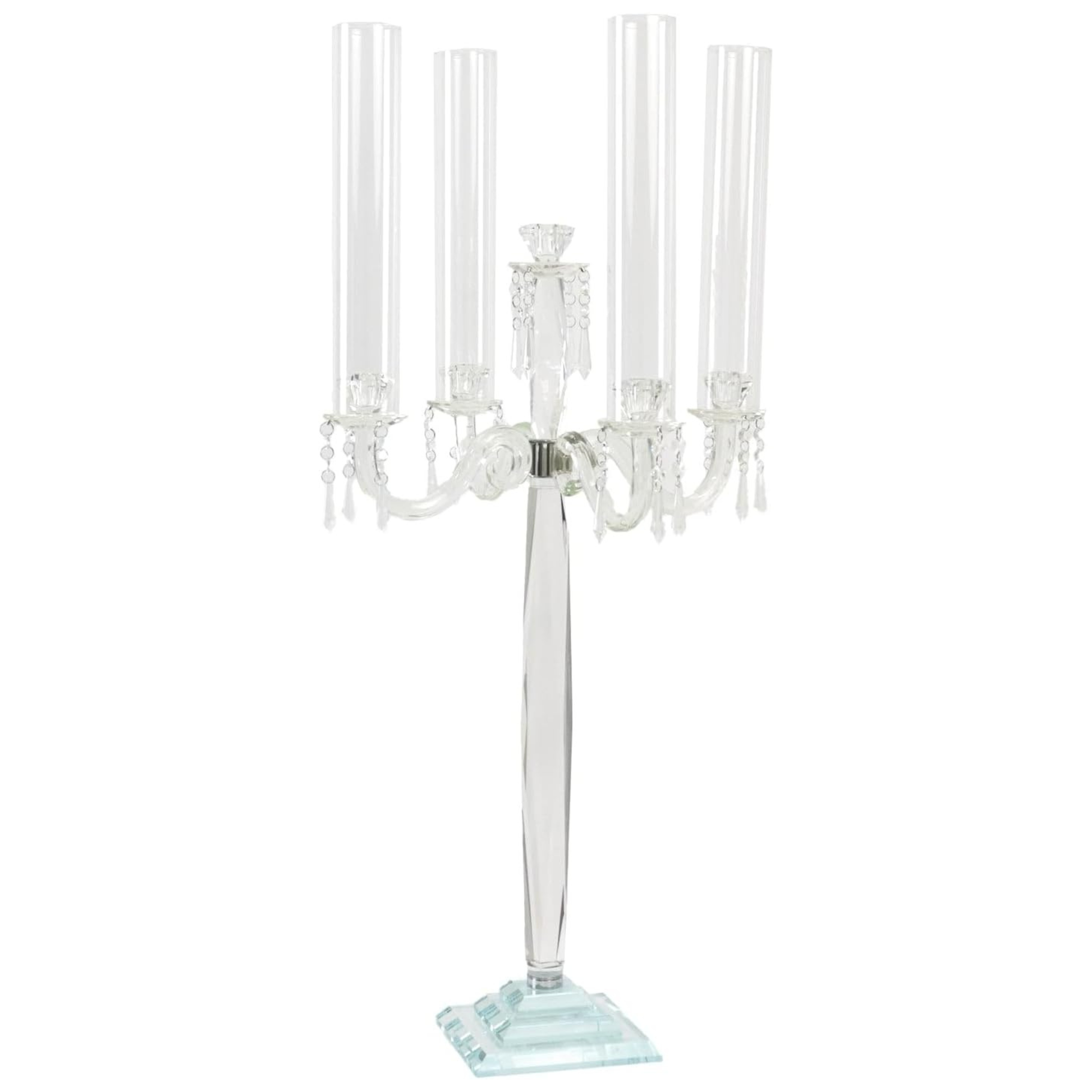 Clear glass candelabra on a white background
