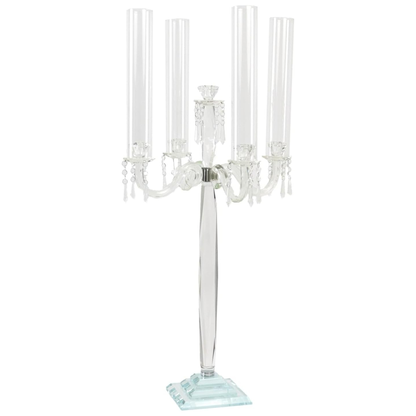 Clear glass candelabra on a white background