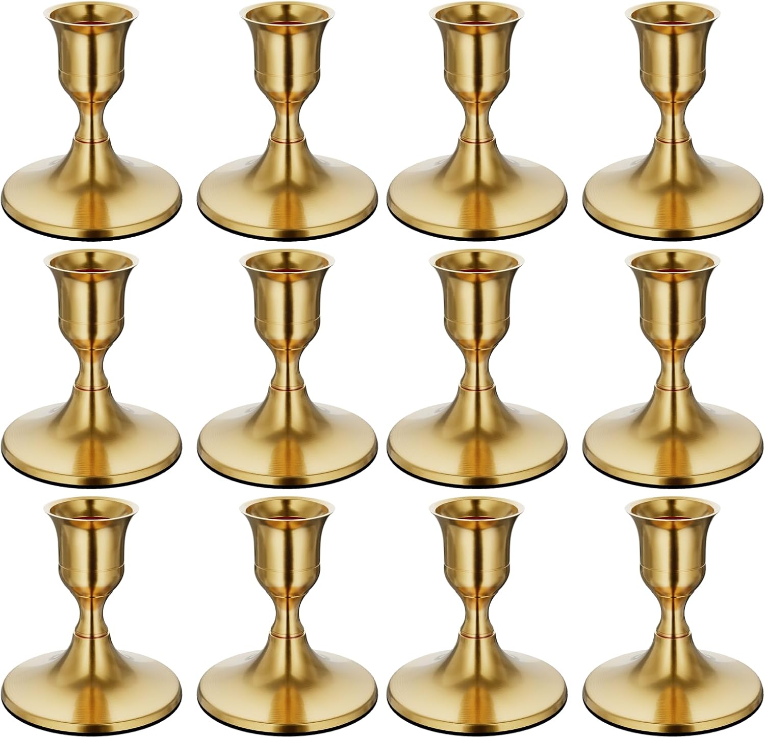 Set of 12 gold candle holders on a white background