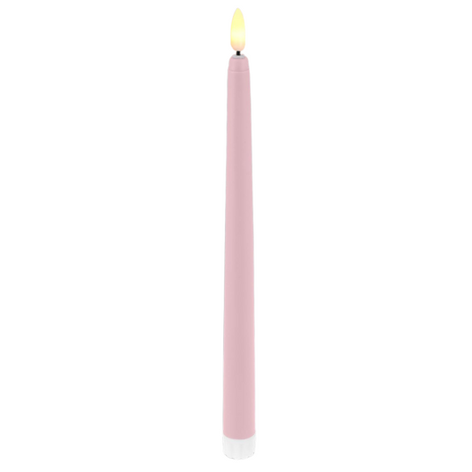 Pink candle with a flame on a white background