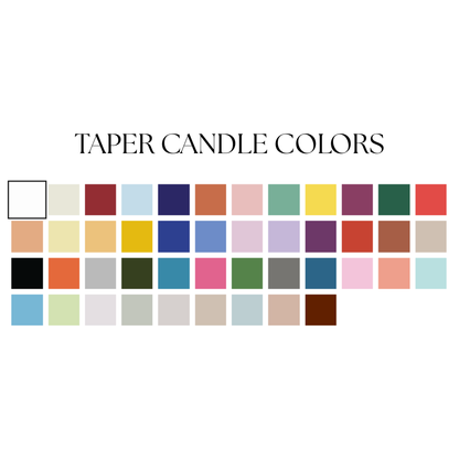 Color swatches for taper candles with 'Taper Candle Colors' text.