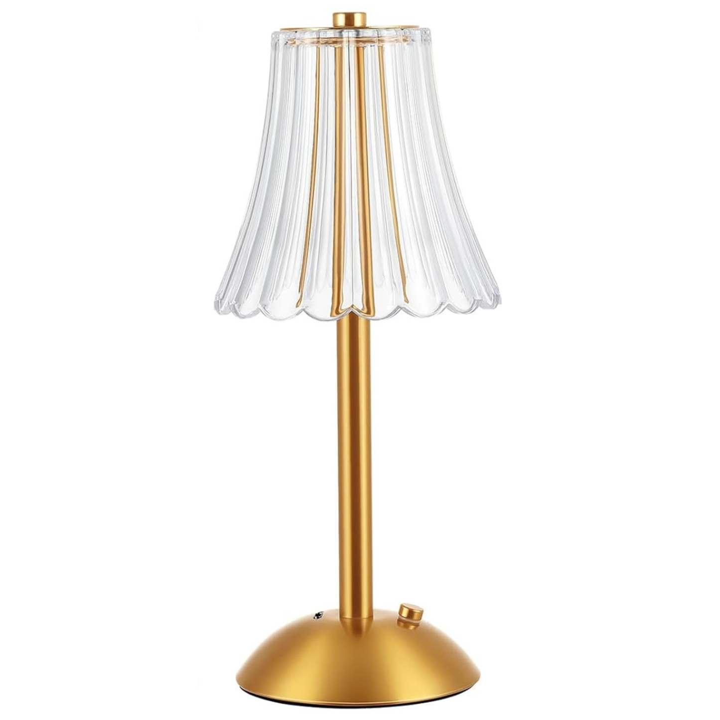 Gold table lamp with a clear pleated shade on a white background