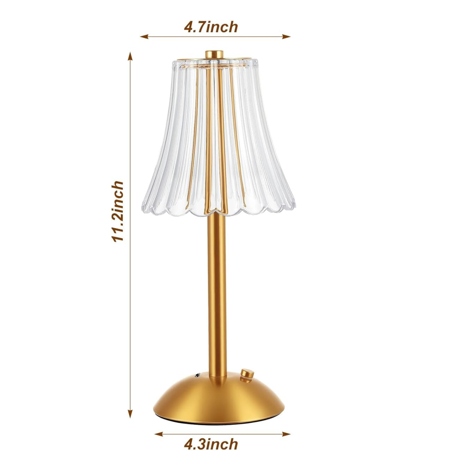 Gold table lamp with clear lampshade and dimensions indicated on a white background