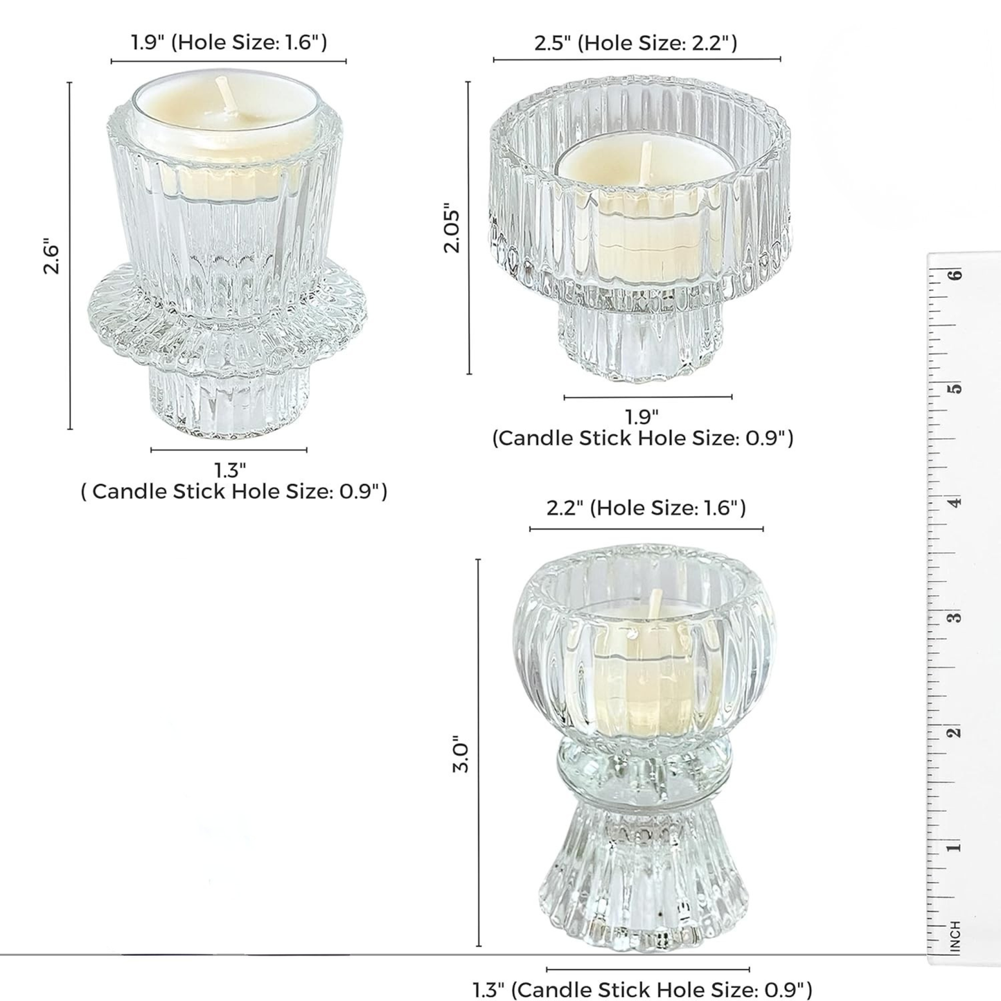 Set of three clear glass candle holders with dimensions and hole sizes displayed.