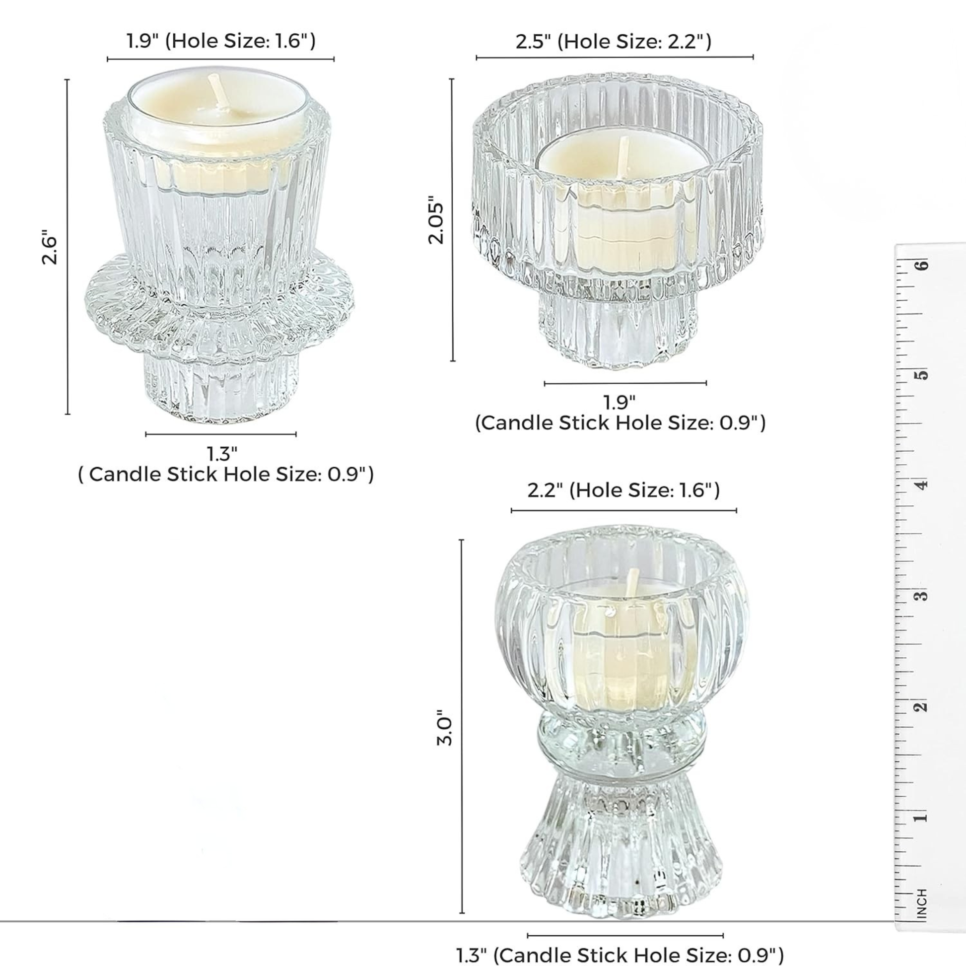 Set of three clear glass candle holders with dimensions and hole sizes displayed.
