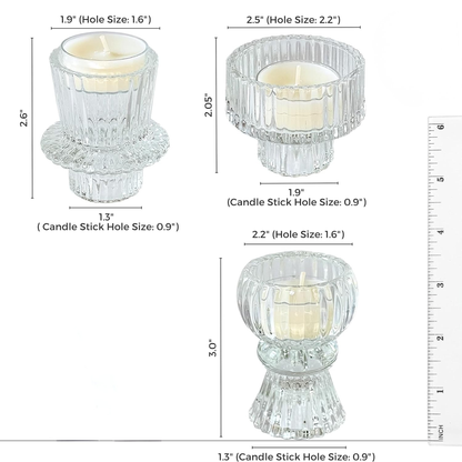 Set of three clear glass candle holders with dimensions and hole sizes displayed.