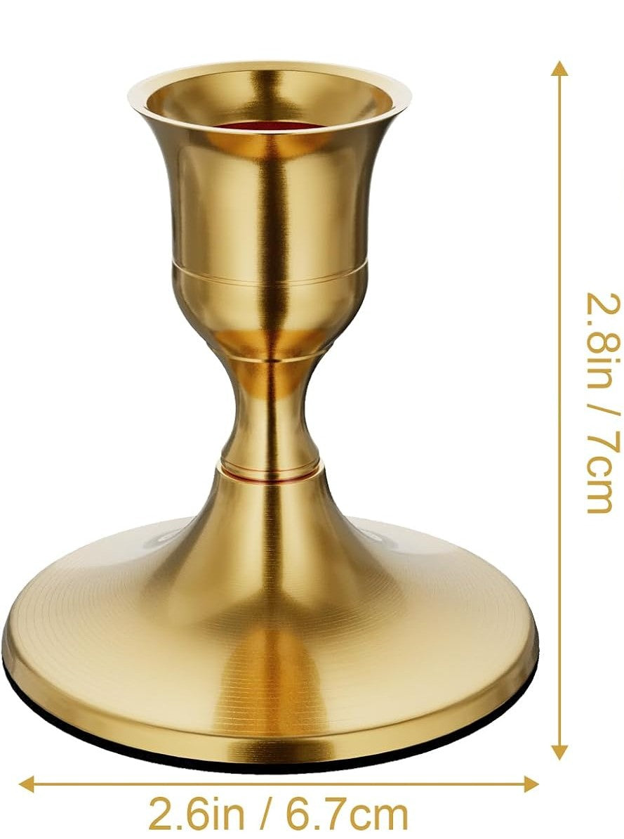 Gold candle holder with measurements on a white background