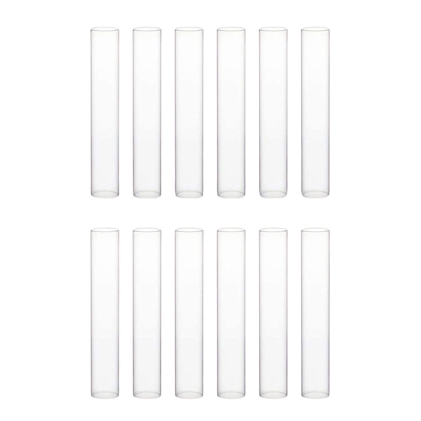 Set of clear cylindrical glass tubes on a white background