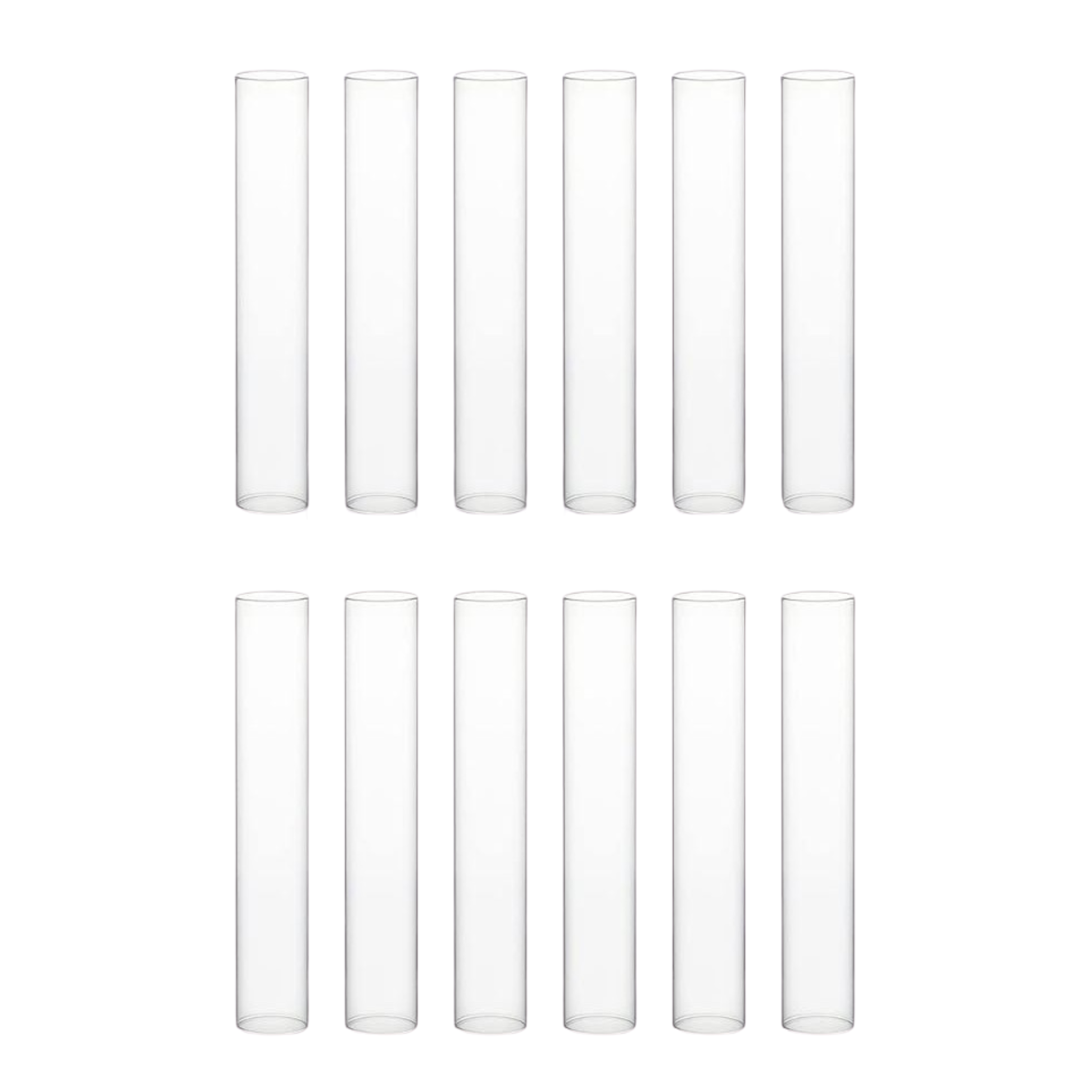 Set of clear cylindrical glass tubes on a white background