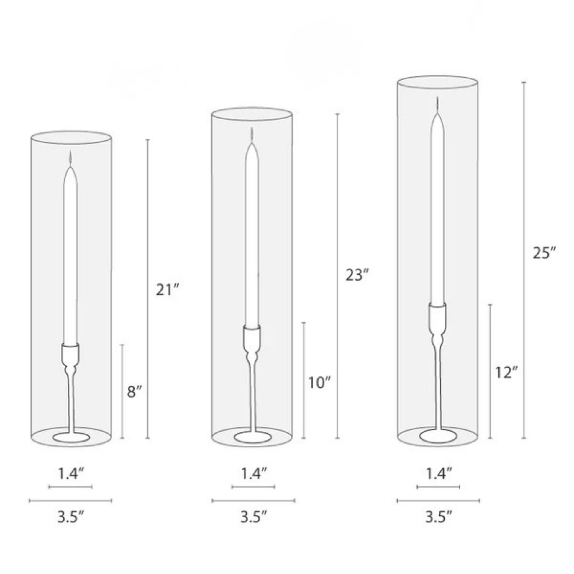 Dimensions of cylindrical glass candle holders with measurements in inches.