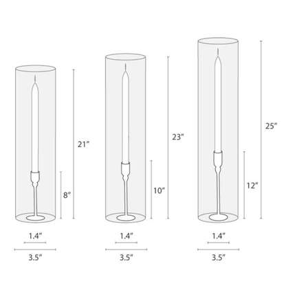 Dimensions of cylindrical glass candle holders with measurements in inches.